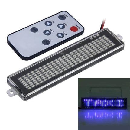 Programmable LED Message Sign for Cars with Remote Control mounted on car window using suction cups showing custom blue text with handheld remote