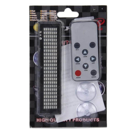 Programmable LED Message Sign for Cars with Remote Control showing LED panel, remote, and suction cups in retail packaging