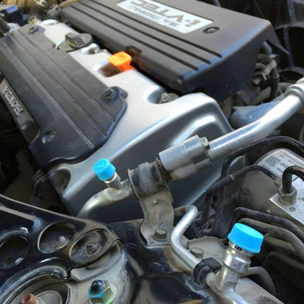 Car Valve Cap Covers For Air Conditioning Dustproof 100 Pack on car A/C service ports showing blue ABS valve cap covers protecting valve cores