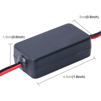 12V Car Rear View Camera Power Filter For Interference Reduction inline black plastic module with red and black wires and dimensions shown