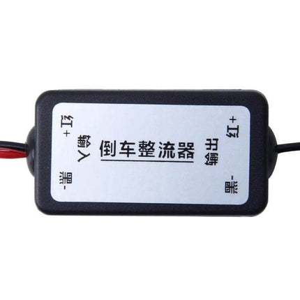 12V Car Rear View Camera Power Filter For Interference Reduction inline power filter unit for steady reversing camera video, black rectangular housing