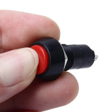 Car Push Button Switch, 2-Pin Round Cap For Interior Or Exterior Use - red round cap held between fingers, 2-pin electrical switch for vehicle use
