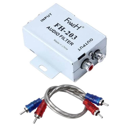 RCA Noise Filter Loop Isolator for Car Audio Stereos with aluminum shell and RCA connectors reducing ground-loop noise