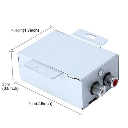 RCA Noise Filter Loop Isolator for Car Audio Stereos aluminum shell with red and white RCA connectors and mounting tabs