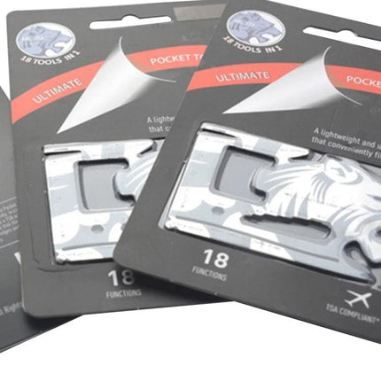 Versatile Wallet Tool for Daily Fixes and Outdoor Essentials slim 18-function credit-card multitool shown in retail packaging