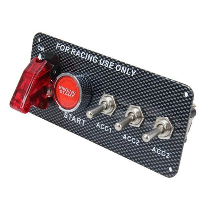 Carbon Fiber Racing Ignition Switch Panel With LED Start Button - carbon fiber faceplate, red illuminated engine start button and red ON-OFF toggle switch