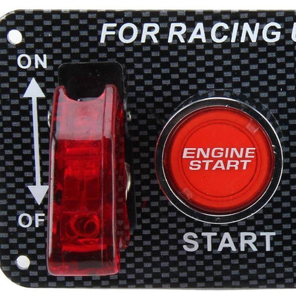 Carbon Fiber Racing Ignition Switch Panel With LED Start Button showing red toggle and illuminated engine start button on carbon fiber faceplate