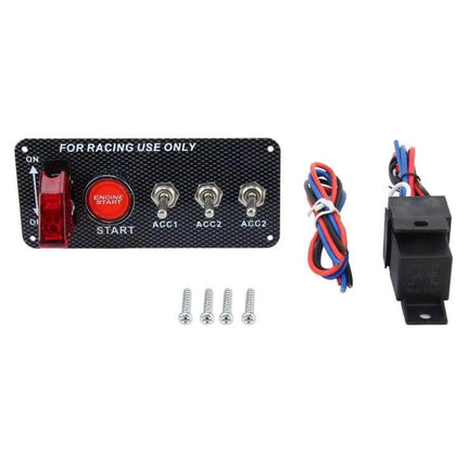 Carbon Fiber Racing Ignition Switch Panel With LED Start Button carbon fiber faceplate with red toggle and illuminated engine start button