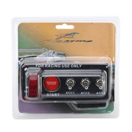 Carbon Fiber Racing Ignition Switch Panel With LED Start Button compact carbon fiber face plate with red illuminated engine start button and toggles