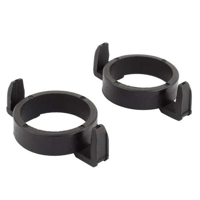 H7 LED Headlight Bulb Retainer Adapter For Peugeot black plastic pair showing secure halogen-to-LED mounting