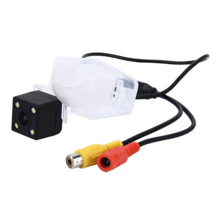 Waterproof LED Backup Camera for Car Rear Visibility showing compact waterproof camera with integrated LEDs and RCA power connectors