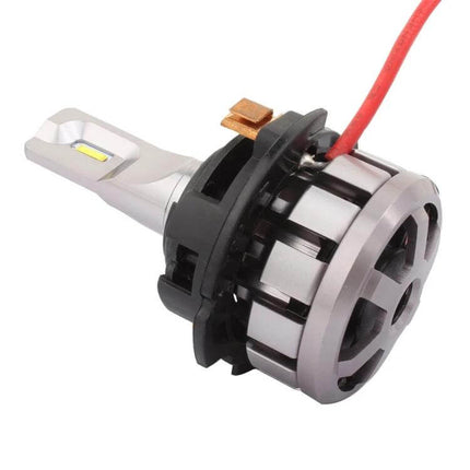 H7 LED Headlight Bulb Holder Adapter For VW Golf, LED Upgrade - close-up of H7 LED bulb holder showing metal fan housing and red wire