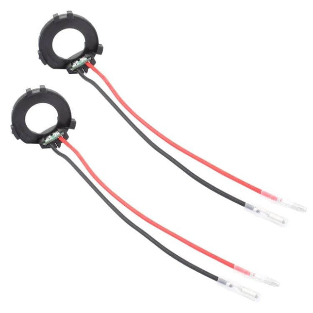 H7 LED Headlight Bulb Holder Adapter For VW Golf Upgrades - pair of black H7 adapter rings with red and black wiring for VW Golf LED conversions