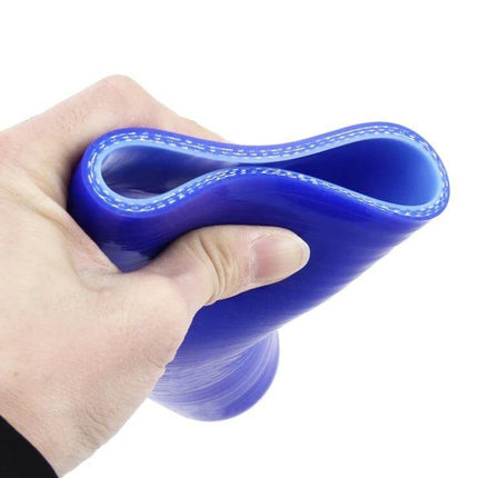Universal 83 to 89mm 45 Degree Silicone Air Intake Elbow Tube - blue flexible silicone elbow held to show 45° bend and reinforced stitching