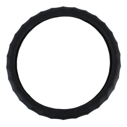 Alt Tag: Universal Rubber Steering Wheel Cover with Distorted Lines Texture black rubber cover with wavy grip pattern, durable non-slip steering wheel protector