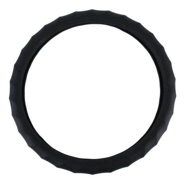 Alt Tag: Universal Rubber Steering Wheel Cover with Distorted Lines Texture black rubber cover with wavy grip pattern, durable non-slip steering wheel protector
