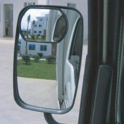 Black Wide Angle Blind Spot Rear View Mirror for Trucks mounted on truck door showing wide-angle and blind-spot coverage