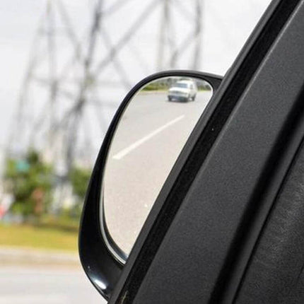 Right Side Wide Angle Blind Spot Mirror for Safer Driving attached to car side mirror showing wider view of a vehicle in right-side blind spot