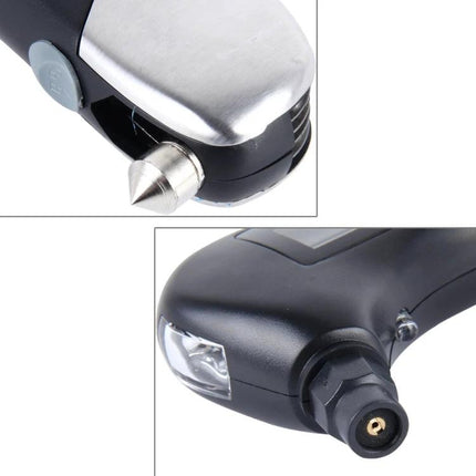 Essential Multi-Tool for Travel and Vehicle Safety compact tire gauge and emergency glass breaker with nozzle and LED light