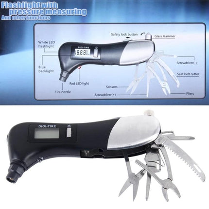Essential Multi-Tool for Travel and Vehicle Safety - compact digital tire pressure gauge with LED flashlight and fold-out blades and tools