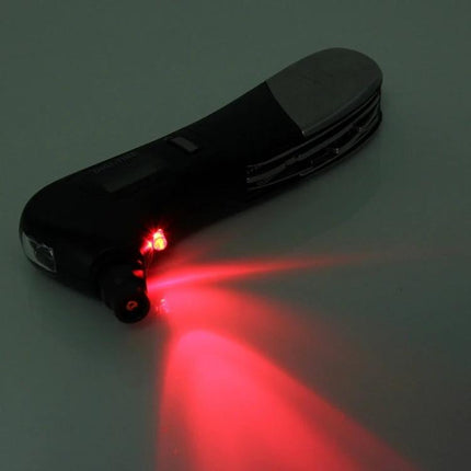 Essential Multi-Tool for Travel and Vehicle Safety with red LED flashlight and tire pressure gauge in compact foldable design