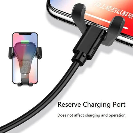 Gravity Car Mount Phone Holder with Litchi Texture Design showing gravity clip, reserved charging port and secure hands-free phone mounting