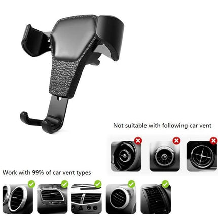 Gravity Car Mount Phone Holder with Litchi Texture Design – black gravity phone holder clipped to car vent, secure hands-free navigation on bumpy roads
