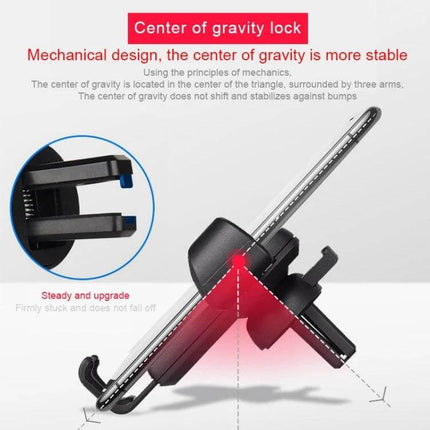 Gravity Car Mount Phone Holder with Litchi Texture Design showing center-of-gravity lock and automatic gravity induction for stable hands-free use