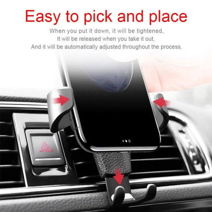 Gravity Car Mount Phone Holder with Litchi Texture Design showing phone auto-locking in vent clip for hands-free navigation and stable grip