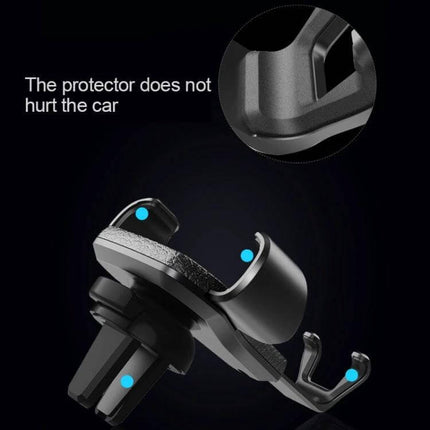 Gravity Car Mount Phone Holder with Litchi Texture Design showing close-up of vent clip, protective pads and litchi textured cradle for secure, hands-free driving