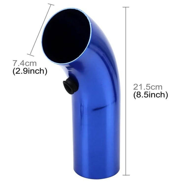 Universal Aluminium Air Intake Pipe For Most Vehicles - blue 90° curved aluminum replacement intake pipe with 7.4cm inlet and 21.5cm length