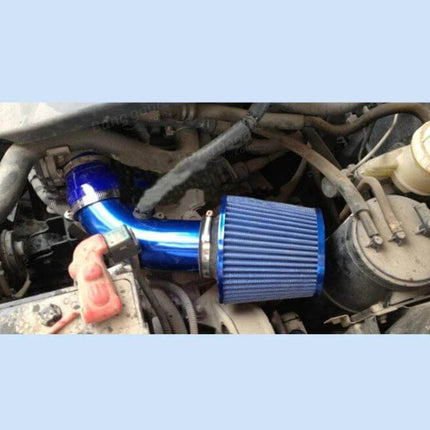 Universal Aluminium Air Intake Pipe For Most Vehicles – blue aluminum intake pipe and cone filter installed in engine bay