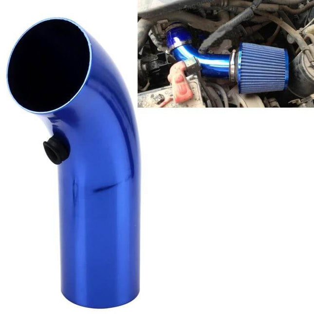 Universal Aluminium Air Intake Pipe For Most Vehicles - Blue curved aluminum intake pipe with filter installed in engine bay