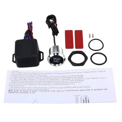 One-Button Start Switch With Blue Lighting For Car Engine - 12V push-button kit with relay box, wiring harness and mounting hardware