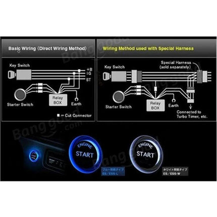 One-Button Start Switch With Blue Lighting For Car Engine wiring diagram and illuminated push-button start showcasing relay box and harness