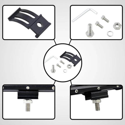 4-Inch Three-Row LED Light Bar For Off-Road Use For Everyday Driving mounting bracket and hardware kit showing bolt, nut, washer and clamp assembly