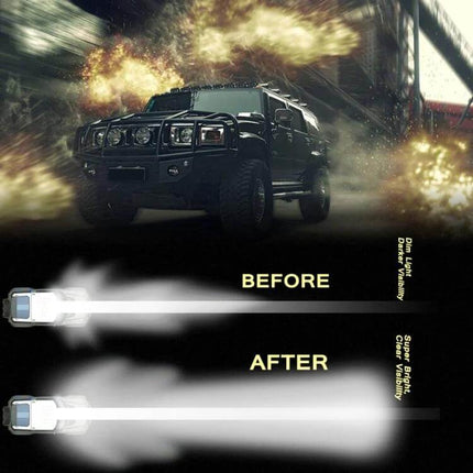 5 Inch Off Road Two Bar LED Work Light Waterproof Yellow on off-road SUV showing before and after beam comparison, waterproof rugged aluminum housing