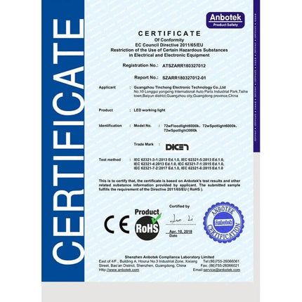 5 Inch Off Road Two Bar LED Work Light Waterproof Yellow certificate showing compliance, CE and RoHS approval