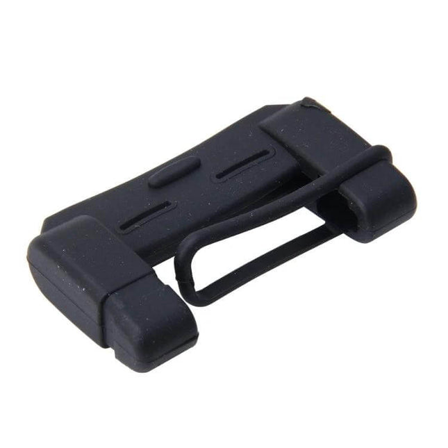 Universal Adjustable Protective Cover for Car Seat Belt Buckles shown in black silicone to reduce buckle noise and protect against wear