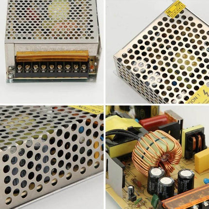 12V DC Power Adapter for AC 110V and 220V Conversion - perforated metal casing, terminal block, selectable dual input, internal components view