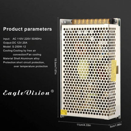 12V DC Power Adapter for AC 110V and 220V Conversion slim metal housing LED strip power supply with dual 110V/220V switch, 12V 20A indoor use