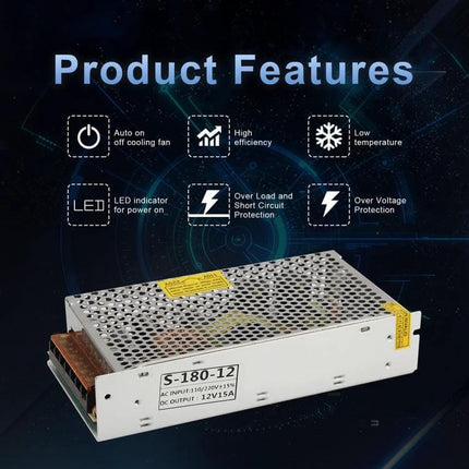 12V DC Power Adapter for AC 110V and 220V Conversion - selectable dual input, LED indicator, overload and overvoltage protection, indoor use