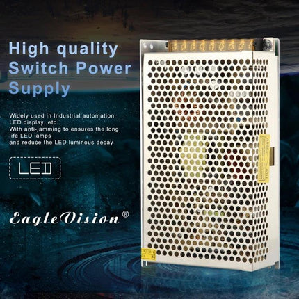 12V DC Power Adapter for AC 110V and 220V Conversion - metal switch power supply for LED strips and industrial indoor use, selectable 110V/220V input