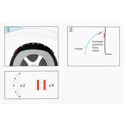 Universal Black Rubber Fender Flare Stickers, 58cm Long showing installation diagram with H-shaped aluminum fixing plates and two curved rubber strips