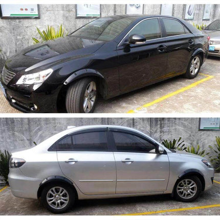 Universal Black Rubber Fender Flare Stickers, 58cm Long installed on black and silver sedans protecting wheel arches from debris