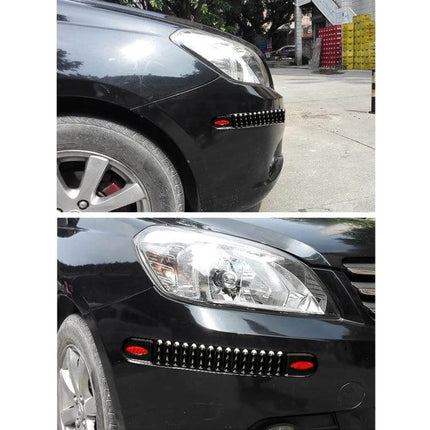 4-Piece Universal Car Body Protective Strip for Daily Protection installed on black car bumper showing reflective elements and flexible PVC