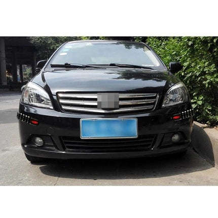 4-Piece Universal Car Body Protective Strip for Daily Protection installed on front bumper of black sedan with reflective elements