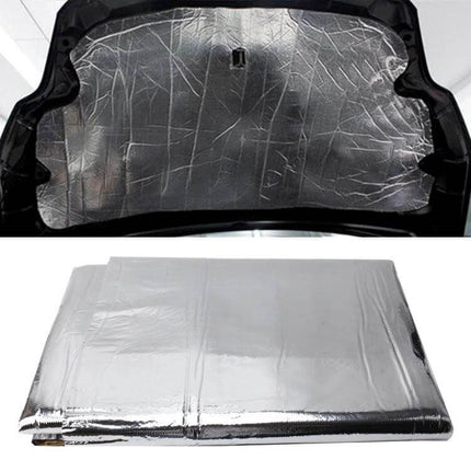 Car Engine Heat and Sound Insulation Mat with Adhesive, 1m x 1.4m Size shown fitted under hood and folded silver thermal soundproofing mat