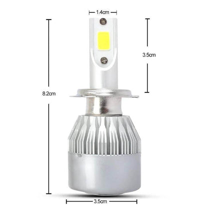 H7 LED Headlight 2 Pack For Cars Kit Easy To Install Fits Vehicles - silver H7 bulb with aviation aluminum housing and dimensions shown