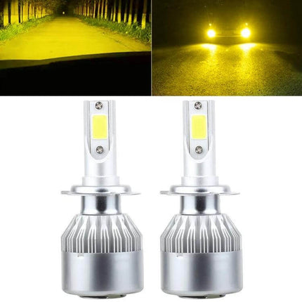 H7 LED Headlight 2 Pack For Cars Kit Easy To Install Fits Vehicles - aviation aluminum H7 bulbs showing bright yellow road illumination
